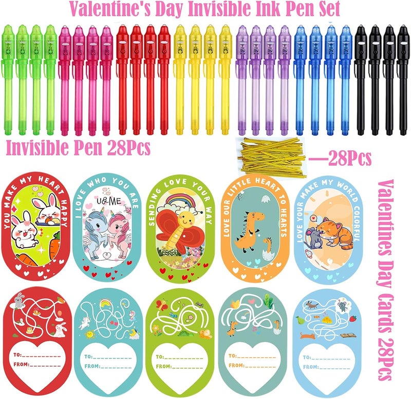 SCStyle 56 Pcs Party Favors | Valentines Day Cards 28Pcs and 28 Invisible Ink Pen with UV Light,Writing Secret Information Bag Gifts for Students Classroom Favors,Valentines Day for Kids Gifts Set - Image 2
